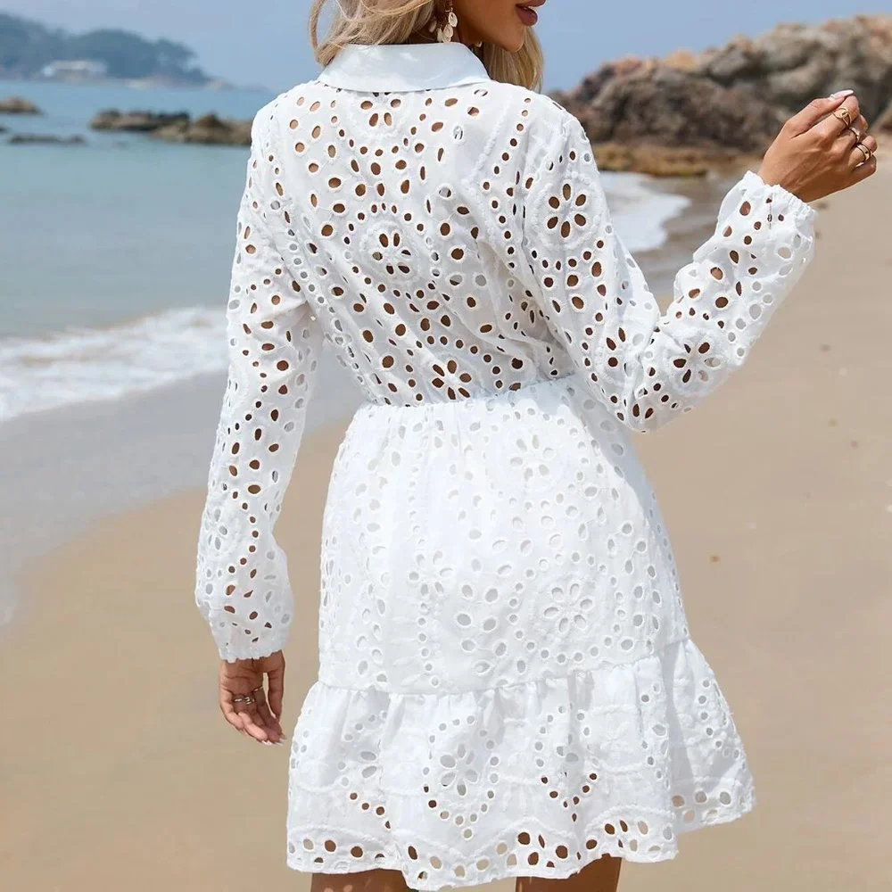 Shabby Chic Eyelet Embroidery Ruffle Hem Long sleeved Shirt Dress - white - Picture 3 of 5